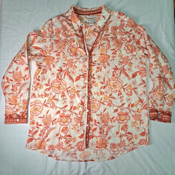 Rachel Zoe Tops - Rachel Zoe Floral Flax Linen Boho Button-Down XL Sustainable Resort Wear Coastal